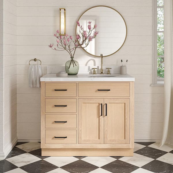Hepburn 42 in. Single Sink Freestanding Bathroom Vanity in Oak with Carrara White Quartz Top