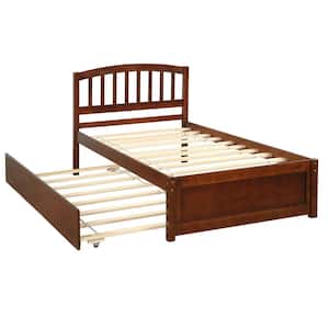 Walnut Twin Platform Bed Frame with Trundle, Twin Bed Frame with Headboard and Pull Out Trundle for Kids, Guest Room