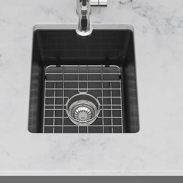 17.55 in. Undermount Single Bowl Black Quartz Kitchen Sink with Bottom Grids