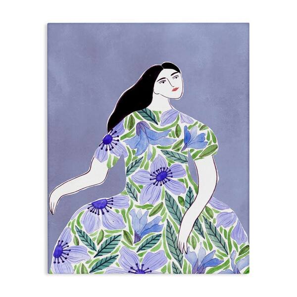 Woman in Blue Floral Gown by Melissa Wang Unframed People Graphic Art Print 48 in. x 36 in.