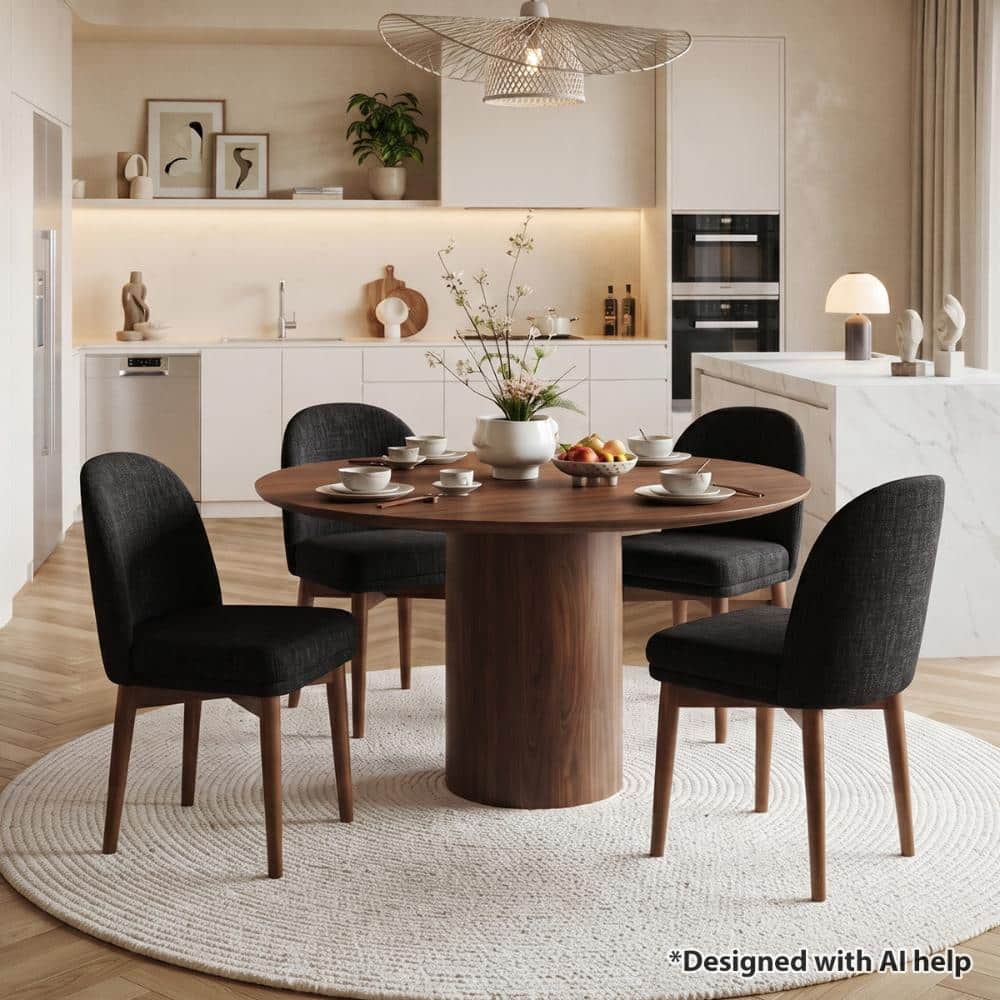 Modern Solid Wood Dining Chairs Set of 4, Black Upholstered Parson Chairs with Curved Back, Mid-Century