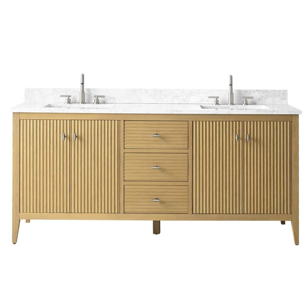 72" Natural Oak Double Sink Vanity with Marble Top