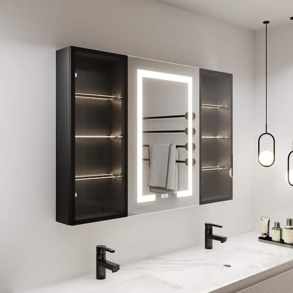 ExBrite ShineX 60 in.W x 30 in.H Rectangular Black Aluminum Recessed/Surface Mount Dual Swing Medicine Cabinet with Mirror LED