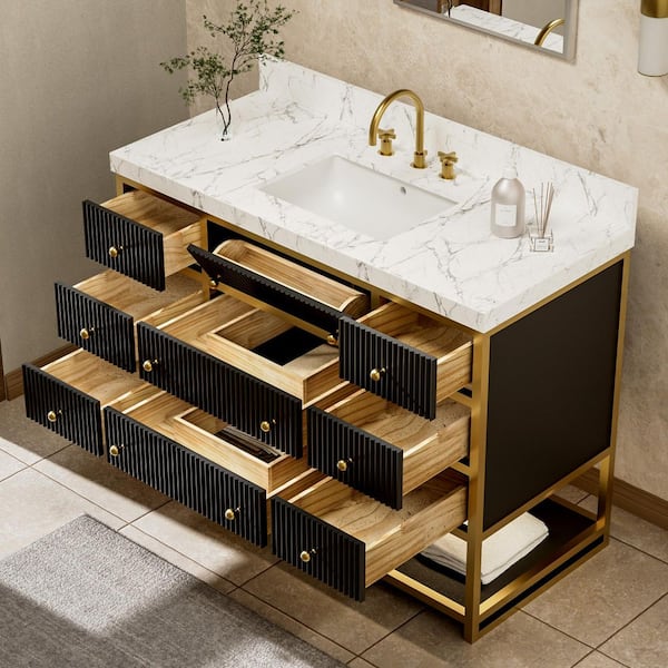 Solidoak 48 in. W x 22 in. D x 35.4 in. H Single Sink Bath Vanity in Black with White Engineered Marble Top