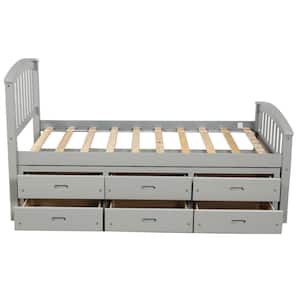 Gray Storage Bed Solid Wood Frame Twin Platform Bed with 6-Drawers