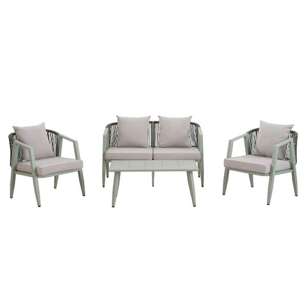 4-Piece Green Outdoor Patio Conversation Sofa Set with a Table Chairs and Beige Cushions for Patios Garden Poolsides