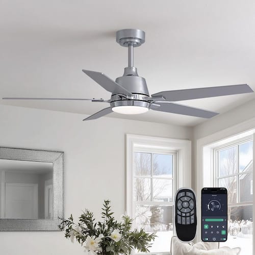 52 in. Modern Smart Indoor Brushed Chrome Low Profile Ceiling Fan with 3-Color Dimmable LED Light and Remote APP Control Ceiling Fans With Lights