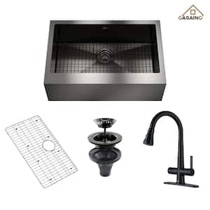 33 in. All-in-One Single Bowl 18-Gauge Black Stainless Steel Farmhouse Kitchen Sink with Kitchen Faucet