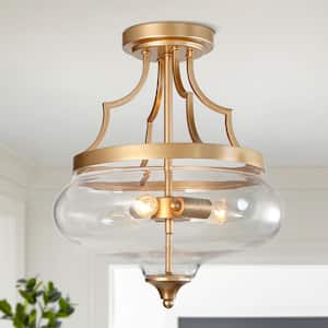 Modern Round Ceiling Light 3-Light Gold Circle Semi-Flush Mount Light with Clear Glass Shade