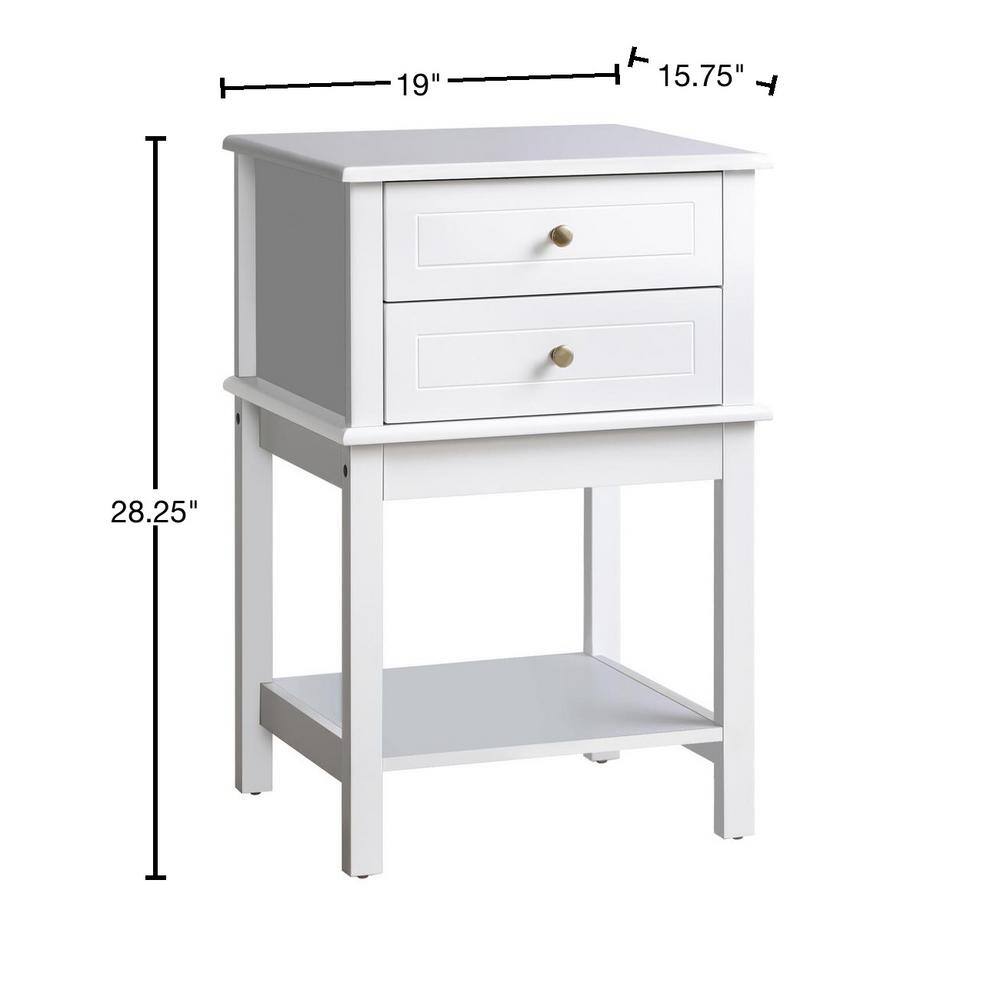 Modern White Wood Side Table with Storage Drawers and Shelf