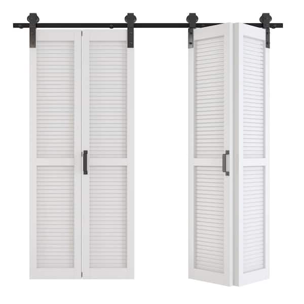 72in x 84in Louvered Panel, White, MDF, Bi-Fold Style, Pre-assembled Panel Sliding Barn Door with Hardware Kit