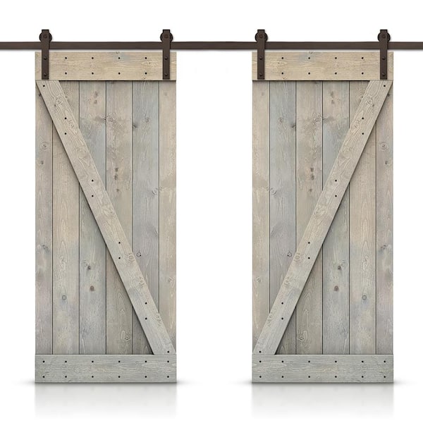 CALHOME Z 96 in. x 84 in. Bar Smoke Gray Stained DIY Solid Pine Wood Interior Double Sliding Barn Door with Hardware Kit