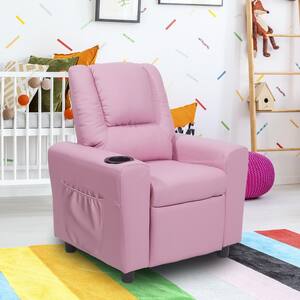19.6 in Pink Faux Leather Chair Recliner for Kids Age 0-5 with Cup Holder, Side Pockets and Non-Slip Footstool