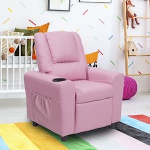 19.6 in Pink Faux Leather Chair Recliner for Kids Age 0-5 with Cup Holder, Side Pockets and Non-Slip Footstool