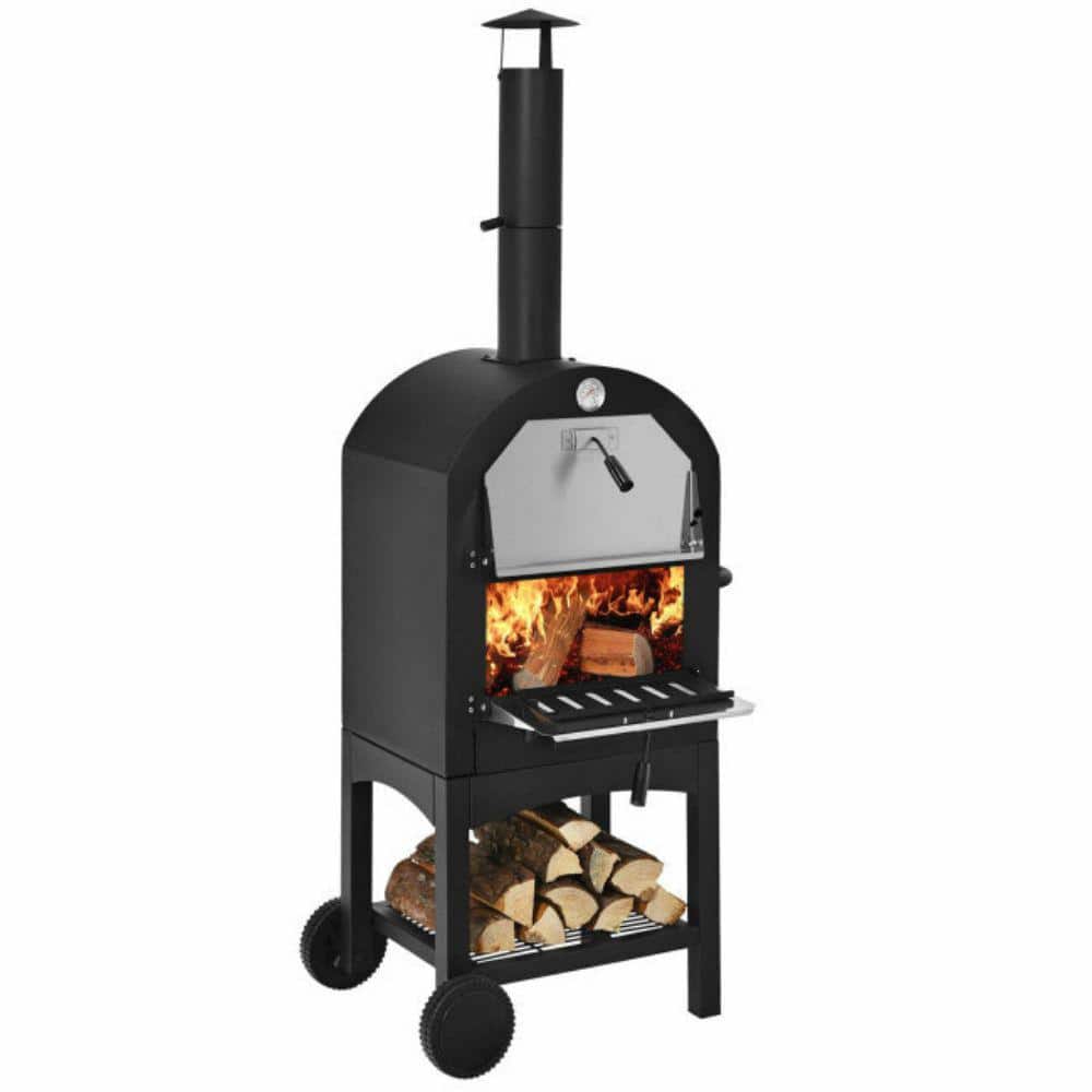 14.8 in. Black Wood Fired Portable Outdoor Pizza Oven with 2 Wheels