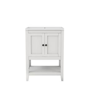 White Modern Sleek Bathroom Vanity Elegant Ceramic Sink with Solid Wood Frame Open Style Shelf
