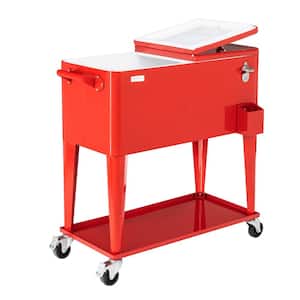 80 qt. Rolling Cart on Wheels, Patio Cooler for Party, Ice Chest with Shelf, Bottle Opener, Water Pipe in Red