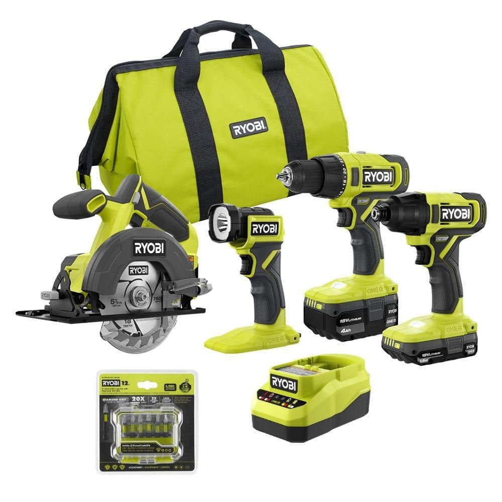 RYOBI ONE+ 18V Cordless 4-Tool Combo Kit with 1.5 Ah Battery, 4.0 Ah Battery, Charger, and Diamond Grit Driving Set (12-Piece) (CL1400K2A961204)