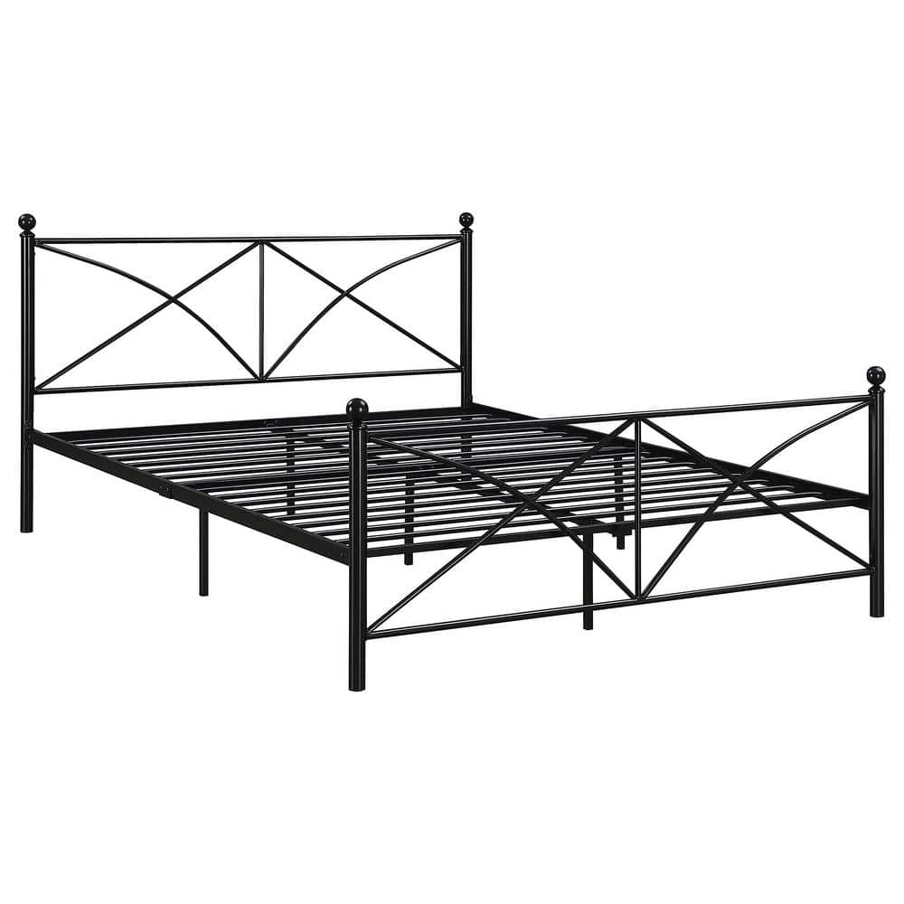 Black Metal Queen Bed with X-Style Headboard and Slats