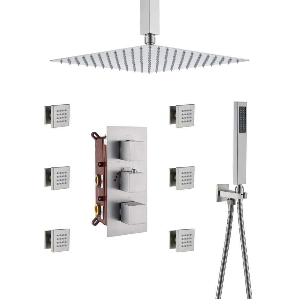 Brushed Nickel Ceiling Mounted Dual Shower System with Body Jets