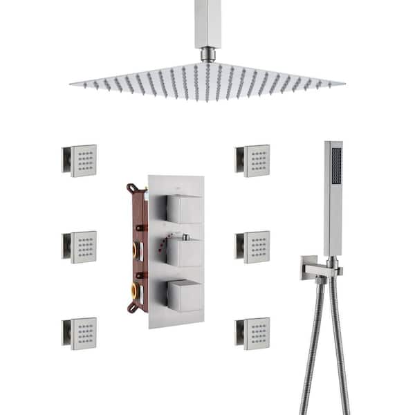 3-Spray 12 in. Dual Shower Head and Handheld Shower Head Ceiling Mount 2.5 GPM with 6-Body Jets in Brushed Nickel