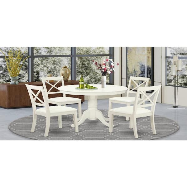 East West Furniture 5-Piece Linen White Finish Solid Wood Top Dining table with 4 Chairs with Lattice Back