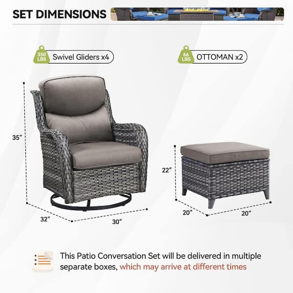 LunaCurve Gray Swivel Glider Wicker Patio Conversation Set with Gray Olefin 5 in. Thick Cushions/Ottoman (4-Piece)
