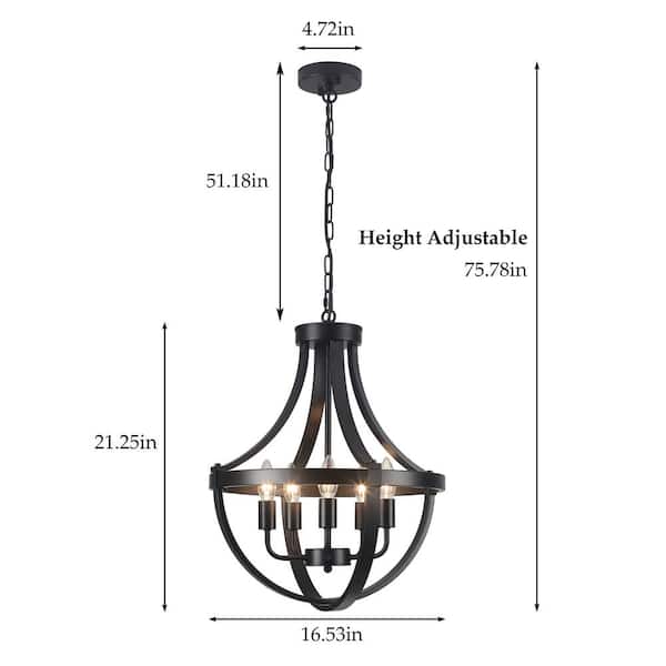 5-Light 16.5 in. W Matte Black Farmhouse Chandeliers Adjustable
