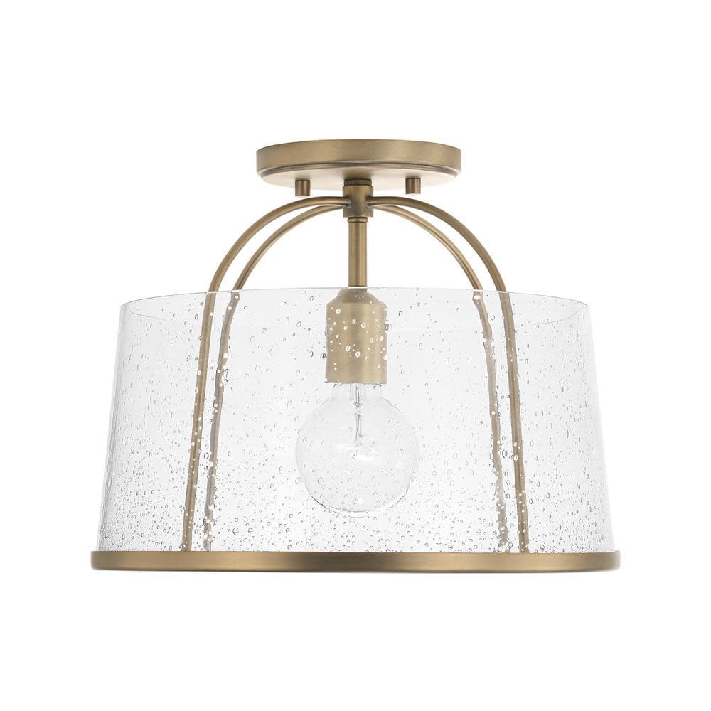 Aged Brass and Clear Seeded Glass Drum Pendant Light