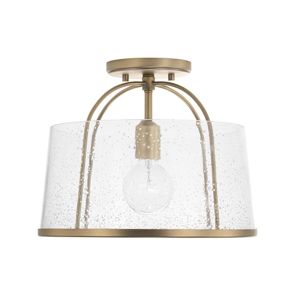 Madison 13 in. 1-Light Aged Brass Transitional Semi Flush Mount With Clear Seeded Glass Shade and No Bulbs Included