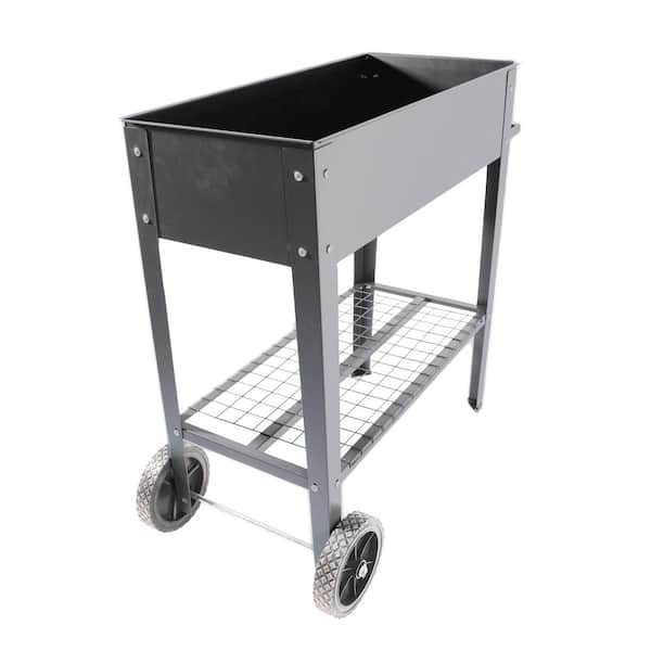 33.66 in. W x 16.93 in. D x 31.5 in. H Gray Metal Raised Garden Bed, Elevated Planter Box with Storage Shelf and Wheels