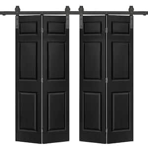 48 in. x 80 in. 6-Panel Black Painted MDF Composite Double Bi-Fold Barn Door with Sliding Hardware Kit
