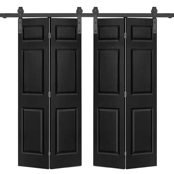 CALHOME 48 in. x 80 in. 6-Panel Black Painted MDF Composite Double Bi-Fold Barn Door with Sliding Hardware Kit