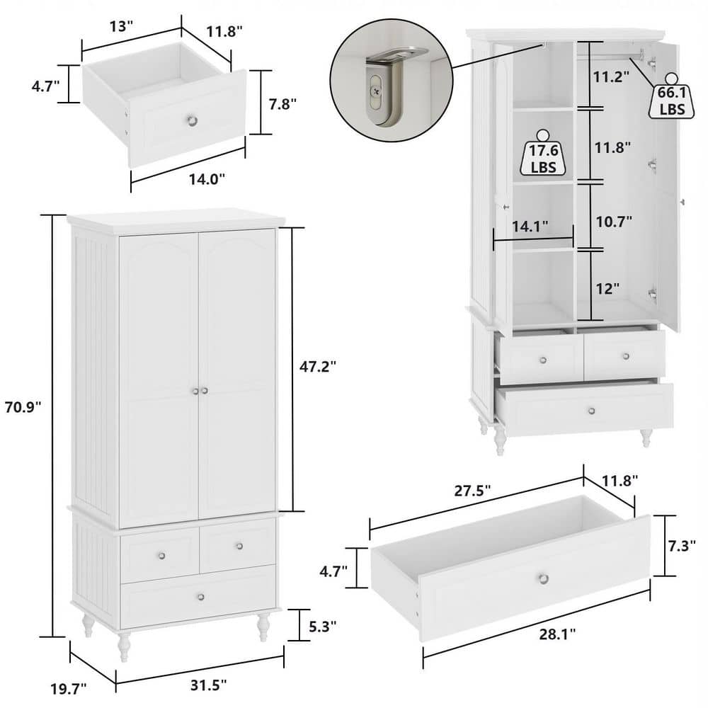 Black Paint Wood 31.5 in. W 2-Door Armoires with Hanging Rod, 3-Drawers, Adjustable Shelves 70.9 in. H x 19.7 in. D - thumbnail 3