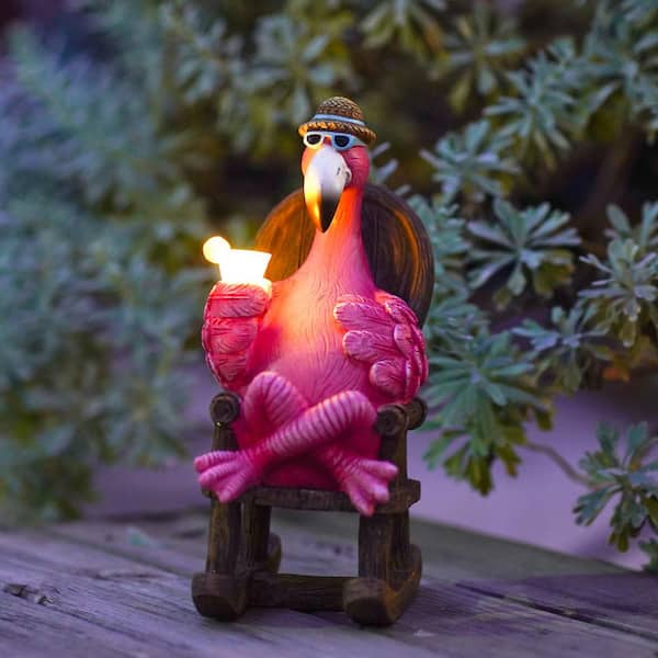 8 in. Pink Resin Solar Flamingo Statue for Outdoor Garden Decor