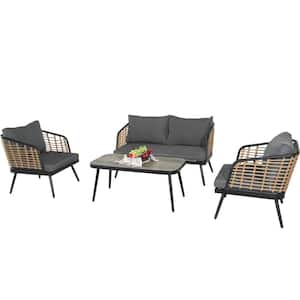 Black 4-Piece Steel Wicker Patio Conversation Set with Black Cushions