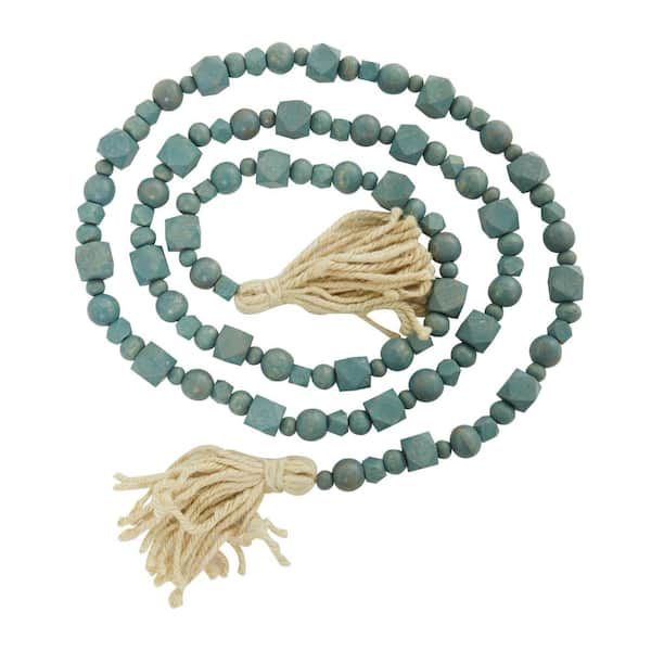 Litton Lane Blue Handmade Mango Wood Hexagon Carved Geometric Long Beaded Garland with Tassel