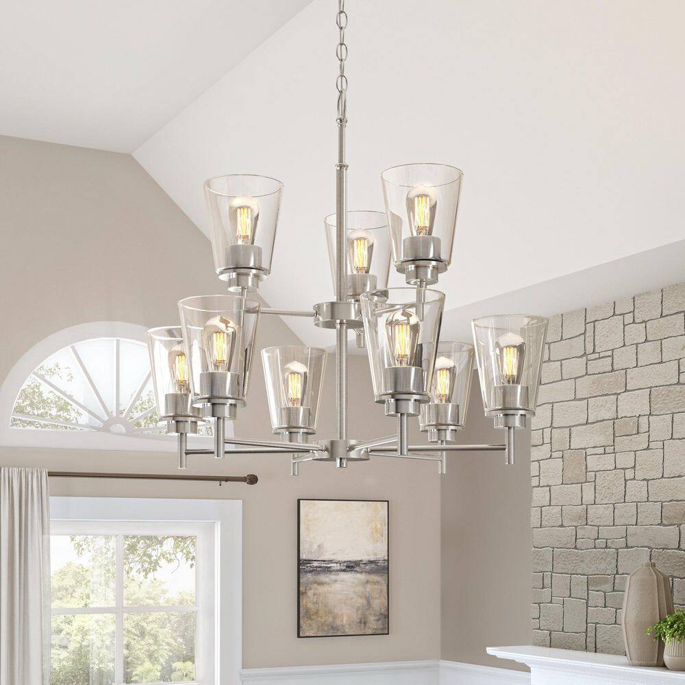 Westin Satin Platinum Nine Light Chandelier with Clear Glass Shades