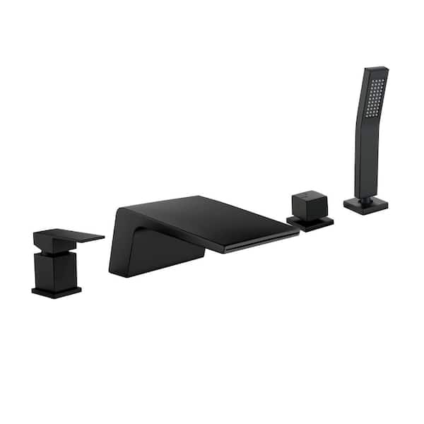 FORCLOVER Single-Handle Deck-Mount Roman Tub Faucet with Handheld Shower Head and Valve in Matte Black