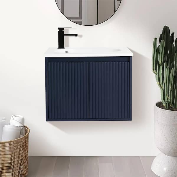 ANGELES HOME 24 in. W x 18.2 in. D x 18.5 in. H Drop-Shaped Single Sink Floating Bathroom Vanity in Navy Blue with White Resin Top