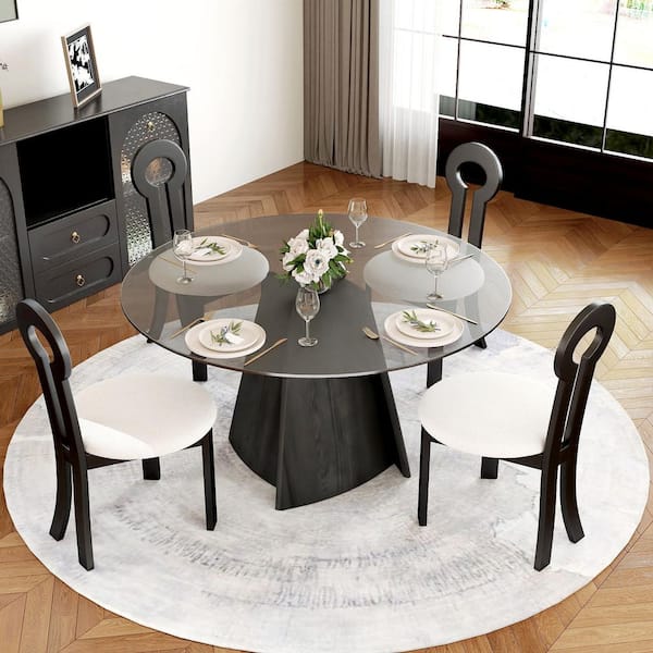 Round 53 in. Black Tempered Glass Tabletop with Pedestal Base Dining Table (Seats 6)