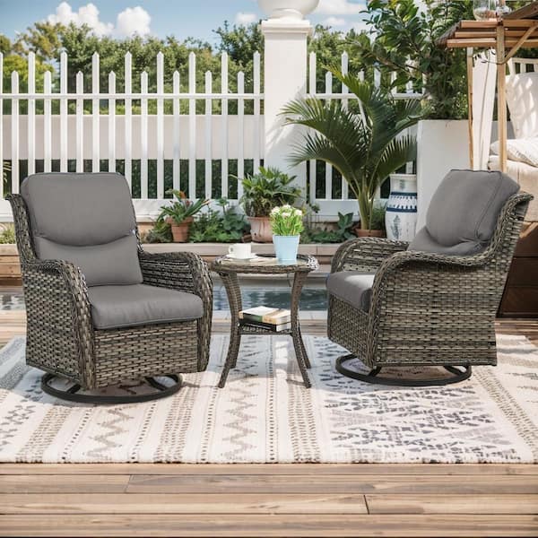 Crescent 3-Piece Gray Wicker Swivel Outdoor Rocking Chairs Patio Conversation Set with CushionGuard Gray Cushions