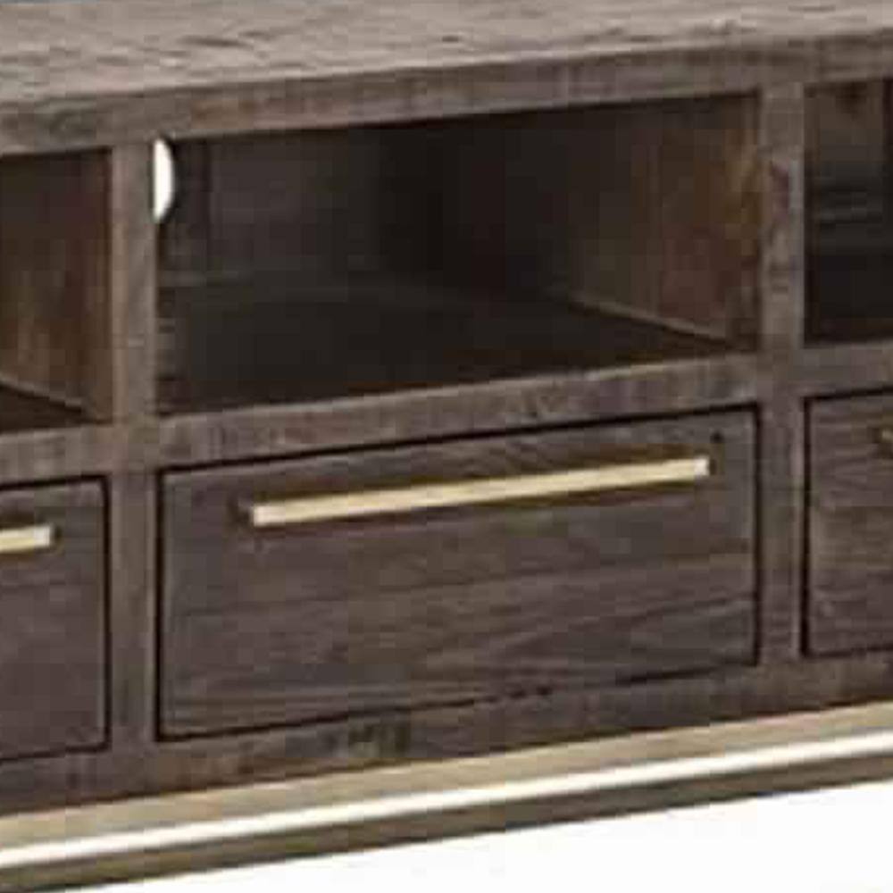 Transitional Reclaimed Pinewood TV Console with Drawers, Brown and Gold