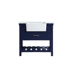 Timeless Home 36 in. W x 22 in. D x 34.13 in. H Single Bathroom Vanity Side Cabinet in Blue with White Marble Top