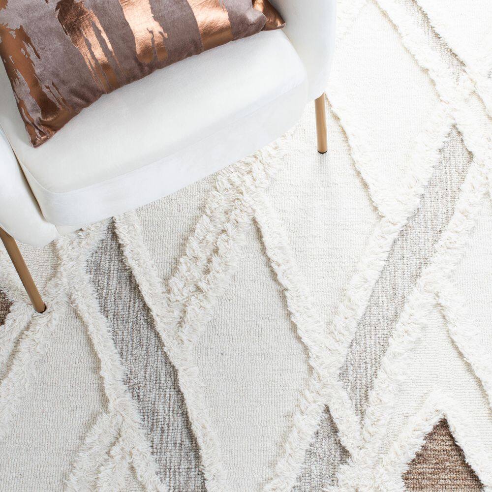 Ivory and Brown Hand-Tufted Wool Square Shag Rug, 6'x6'