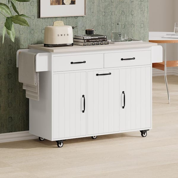 Rolling White Drop Leaf Wood Countertop 51 in. Kitchen Island with Trash Can Storage Cabinet, Adjustable Shelf
