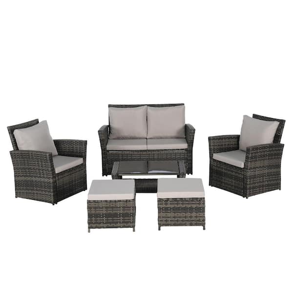 OLUMAT 6-Piece Wicker Outdoor Sectional Sofa Set with Light Gray Cushions, Ottoman and Coffee Table