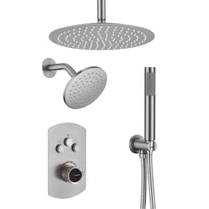 Pressure Balanced 3-Spray 12 in. Dual Shower Head Ceiling Mount Fixed and Handheld Shower Head 2.5 GPM in Brushed Nickel