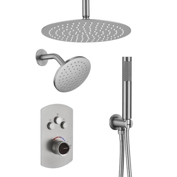 Pressure Balanced 3-Spray 12 in. Dual Shower Head Ceiling Mount Fixed and Handheld Shower Head 2.5 GPM in Brushed Nickel