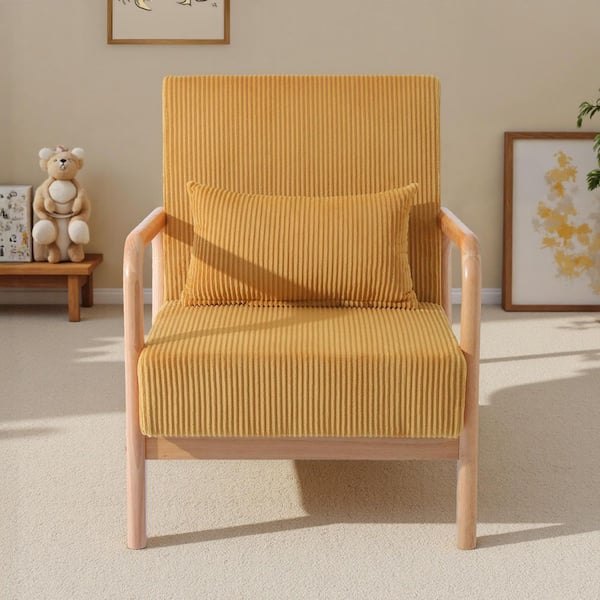 Uixe Mid-Century Orange Wood Frame Corduroy Fabric Upholstered Accent Arm Chair With One Pillow(set of 1)